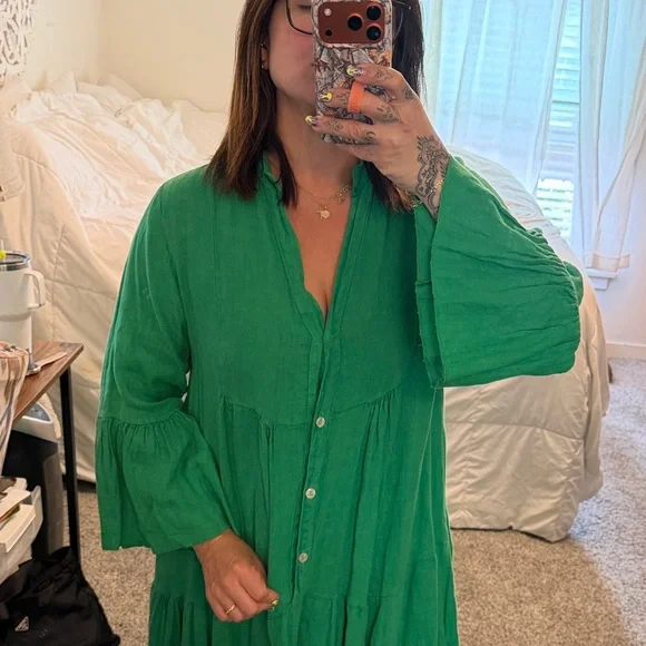 Green Tiered Button-Front Maxi Dress - Picture 4 of 9